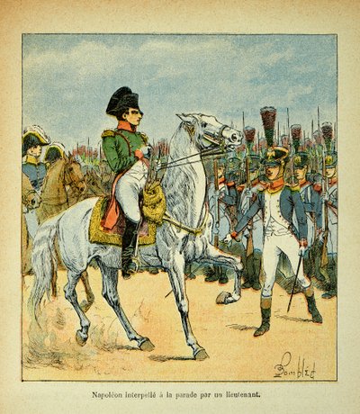 Illustration af Bombled Louis (1862-1927) fra bogen "The Memorial of Saint Helene" af Grev Emmanuel de Las Cases (1766-1842): Napoleon kalder en parade af en løjtnant, Privat Samling af Louis Charles Bombled