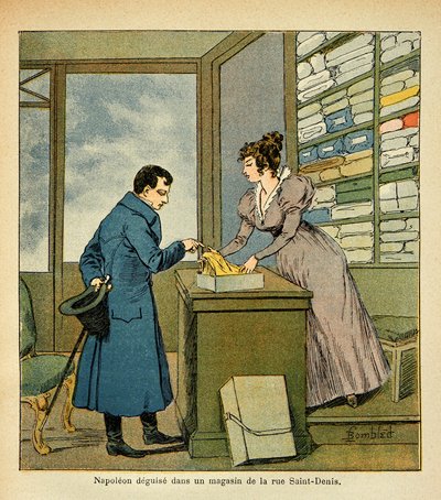 Illustration af Bombled Louis (1862-1927) fra bogen "The Memorial of Saint Helene" af grev Emmanuel de Las Cases (1766-1842): Kejser Napoleons forklædning i en butik på Rue Saint Denis, privat samling af Louis Charles Bombled