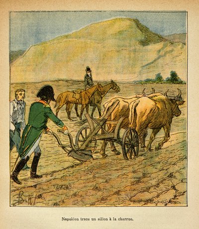 Illustration af Bombled Louis (1862-1927) fra bogen "The Memorial of Saint Helene" af Grev Emmanuel de Las Cases (1766-1842): På St. Helene sporer kejser Napoleon en fure til ploven, Privatsamling af Louis Charles Bombled
