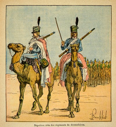 Illustration af Bombled Louis (1862-1927) fra bogen "The Memorial of Saint Helene" af grev Emmanuel de Las Cases (1766-1842): Under den egyptiske kampagne skabte Napoleon Bonaparte regimenter af kameler, privat samling af Louis Charles Bombled