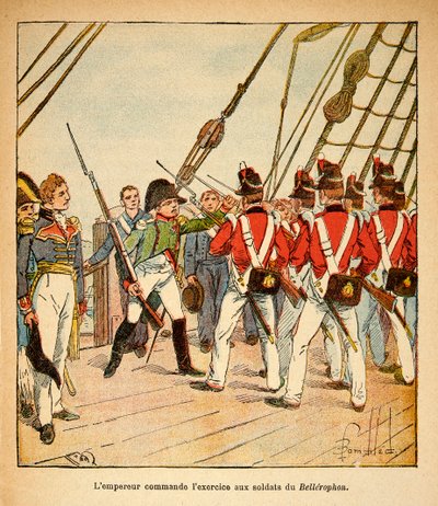 Illustration af Bombled Louis (1862-1927) fra bogen "The Memorial of Saint Helene" af Grev Emmanuel de Las Cases (1766-1842): Kejser Napoleon kommanderer øvelsen til de engelske soldater ombord på Bellerophon, Private Collection af Louis Charles Bombled