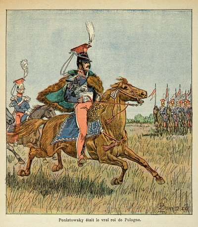 Illustration af Bombled Louis (1862-1927) fra bogen "The Memorial of Saint Helene" af grev Emmanuel de Las Cases (1766-1842): Marechal Jozef Antoni Poniatowski (1763-1813) før sine tropper, Privat samling af Louis Charles Bombled