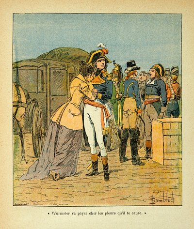 Illustration af Bombled Louis (1862-1927) fra bogen "The Memorial of Saint Helene" af Grev Emmanuel de Las Cases (1766-1842): Bonaparte trøster Josephine efter angrebet på hans bil under den italienske kampagne, Private Collection af Louis Charles Bombled