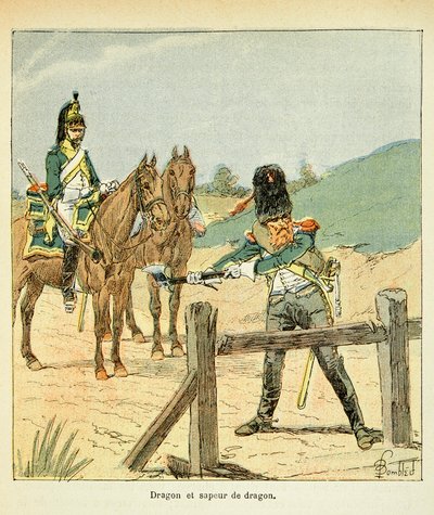 Illustration af Bombled Louis (1862-1927) fra bogen "The Memorial of Saint Helene" af grev Emmanuel de Las Cases (1766-1842): French Armee: Dragon and Dragon Sapper, privat samling af Louis Charles Bombled