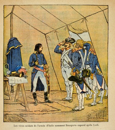 Illustration af Bombled Louis (1862-1927) fra bogen "The Memorial of Saint Helene" af grev Emmanuel de Las Cases (1766-1842): De gamle soldater i den italienske hær udnævnte Bonaparte til korporal efter slaget ved Lodi i 1796, Private Collection af Louis Charles Bombled