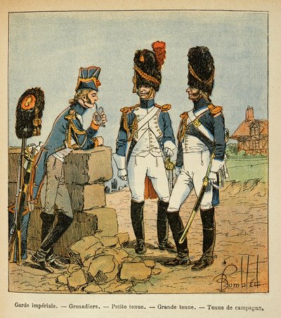 Illustration af Bombled Louis (1862-1927) fra bogen "The Memorial of Saint Helene" af Grev Emmanuel de Las Cases (1766-1842): Kejsergardens grenaderer: Lille outfit; stort outfit og country outfit, Privat samling af Louis Charles Bombled