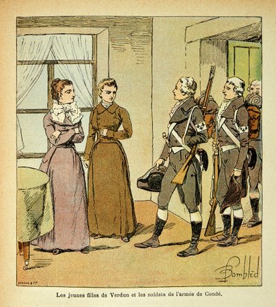 Illustration af Bombled Louis (1862-1927) fra bogen "The Memorial of Saint Helene" af Grev Emmanuel de Las Cases (1766-1842): The Young Daughters of Verdun and the Soldiers of the Armee of Conde (Armee des Emigrres), Privat samling af Louis Charles Bombled