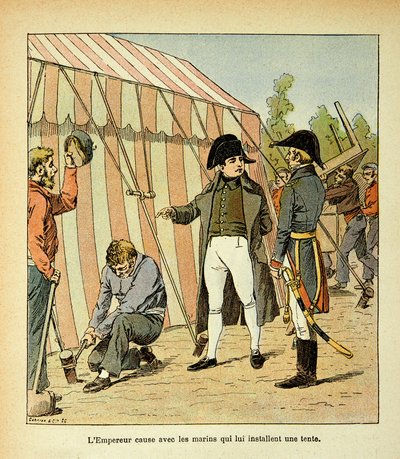 Illustration af Bombled Louis (1862-1927) fra bogen "The Memorial of Saint Helene" af grev Emmanuel de Las Cases (1766-1842): Kejser Napoleon taler med matroserne, der har rejst et telt for ham, Private Collection af Louis Charles Bombled