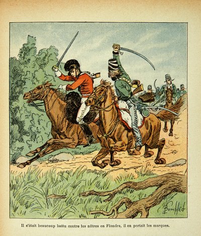 Illustration af Bombled Louis (1862-1927) fra bogen "The Memorial of Saint Helene" af Grev Emmanuel de Las Cases (1766-1842): Kamp mellem franske og engelske ryttere, Privat samling af Louis Charles Bombled