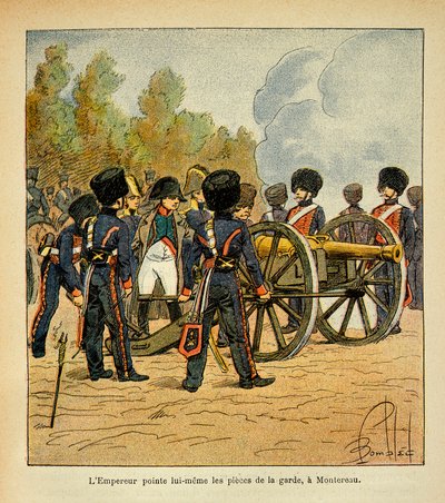 Illustration af Bombled Louis (1862-1927) fra bogen "The Memorial of Saint Helene" af Grev Emmanuel de Las Cases (1766-1842): Kejser Napoleon retter selv vagtens kanoner mod slaget ved Montereau, privatsamling af Louis Charles Bombled
