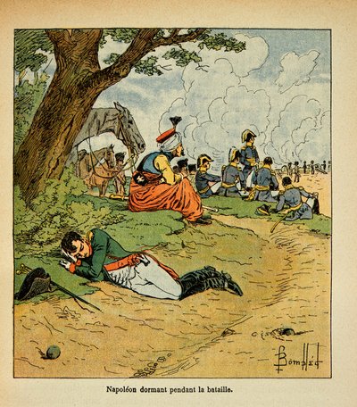 Illustration af Bombled Louis (1862-1927) fra bogen "The Memorial of Saint Helene" af Grev Emmanuel de Las Cases (1766-1842): Kejser Napoleon sover under slaget, Privat Samling af Louis Charles Bombled