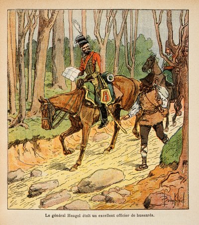 Illustration af Bombled Louis (1862-1927) fra bogen "Mindesmærket for St. Helene" af grev Emmanuel de Las Cases (1766-1842): General Hengel, officer af husarer under den italienske kampagne, privat samling af Louis Charles Bombled