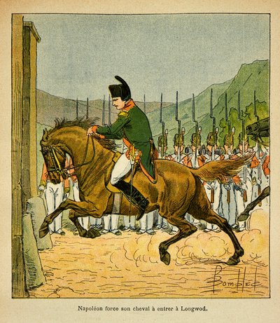Illustration af Bombled Louis (1862-1927) fra bogen "The Memorial of St. Helene" af Grev Emmanuel de Las Cases (1766-1842): Kejser Napoleon tvinger sin hest til at gå ind i Longwood ved St. Helene, Privat Samling af Louis Charles Bombled