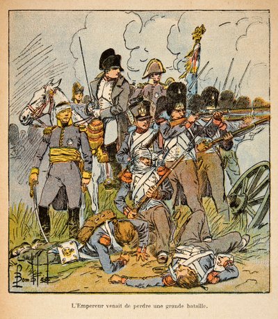 Illustration af Bombled Louis (1862-1927) fra bogen "The Memorial of St. Helene" af grev Emmanuel de Las Cases (1766-1842): Kejser Napoleon i slaget ved Waterloo i 1815, Private Collection af Louis Charles Bombled