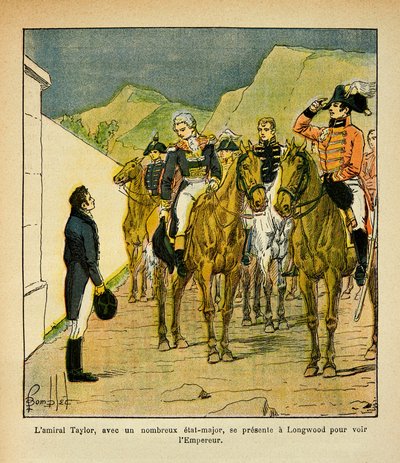 Illustration af Bombled Louis (1862-1927) fra bogen "The Memorial of St. Helene" af grev Emmanuel de Las Cases (1766-1842): Admiral Taylor med en generalstab præsenterer sig selv i Longwood for at møde kejser Napoleon, privatsamling af Louis Charles Bombled