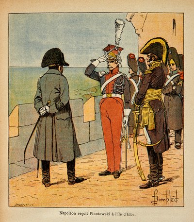 Illustration af Bombled Louis (1862-1927) fra bogen "The Memorial of St. Helene" af Grev Emmanuel de Las Cases (1766-1842): Kejser Napoleon modtager Marechal Poniatowski på Elba Island, Privat Samling af Louis Charles Bombled