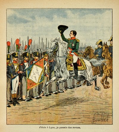 Illustration af Bombled Louis (1862-1927) fra bogen "The memorial se Sainte Helene" af grev Emmanuel de Las Cases (1766-1842): Kejser Napoleon fører tropperne gennem en gennemgang, Private Collection af Louis Charles Bombled