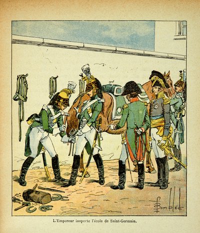 Illustration af Bombled Louis (1862-1927) fra bogen "The memorial se Sainte Helene" af grev Emmanuel de Las Cases (1766-1842): Kejser Napoleon inspicerer Saint Germains skole, privatsamling af Louis Charles Bombled