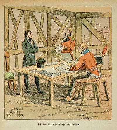 Illustration af bombede Louis (1862-1927) fra grev Emmanuel de Las Cases (1766-1842): Guvernør Hudson Lowe (1769-1844) stiller spørgsmålstegn ved Las Cases, privat samling af Louis Charles Bombled