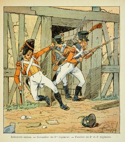 Illustration af den bombede Louis (1862-1927) fra bogen "The Memorial of Saint Helene" af Grev Emmanuel de Las Cases (1766-1842): Schweizisk infanteri: Grenadier af 1. regiment og fusilier af 2., 3. og 3. regiment, Privat samling af Louis Charles Bombled