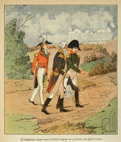 Illustration af den bombede Louis (1862-1927) fra bogen "The Memorial of Saint Helene" af grev Emmanuel de Las Cases (1766-1842): Samtale mellem Napoleon, guvernør Hudson Mowe og den engelske admiral Cockburn i august 1816 i Ste Helene, Private Co af Louis Charles Bombled