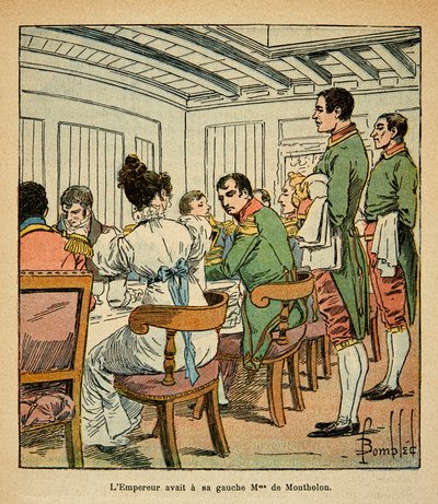 Illustration af den bombede Louis (1862-1927) fra bogen "The Memorial of Saint Helene" af grev Emmanuel de Las Cases (1766-1842): Middag for kejser Napoleon om bord på Northumberland på vej til St. Helene med fru De Montholon på venstre hånd, menig af Louis Charles Bombled