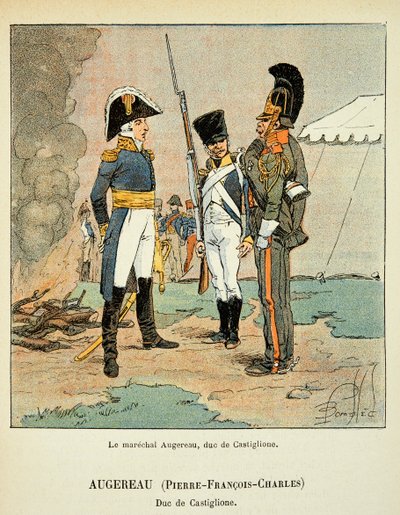 Illustration af den bombede Louis (1862-1927) fra bogen "The Memorial of Saint Helene" af grev Emmanuel de Las Cases (1766-1842): Le marechal Pierre Augereau (1757-1816), hertug af Castiglione, privat samling af Louis Charles Bombled