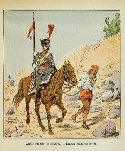 Illustration af den bombede Louis (1862-1927) fra bogen "The Memorial of Saint Helene" af grev Emmanuel de Las Cases (1766-1842): Fransk Armee i Spanien: Lancier gendarme 1811, privat samling af Louis Charles Bombled