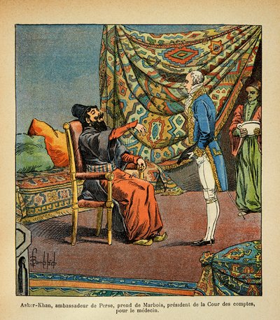 Bombed Louis (1862-1927) af Francois Barbe-Marbois, den persiske ambassadør, Asker - Khan, på besøg i Paris (Beard Marbois) (1745-1837), præsident af Louis Charles Bombled