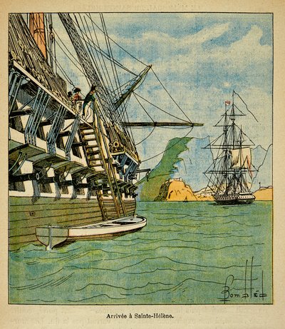 Illustration af den bombede Louis (1862-1927) fra bogen "The Memorial of Saint Helene" af grev Emmanuel de Las Cases (1766-1842): Napoleons ankomst til Sainte Helene den 15. oktober af Louis Charles Bombled
