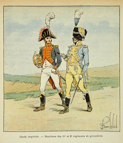 Illustration af den bombede Louis (1862-1927) fra bogen "The Memorial of Saint Helene" af grev Emmanuel de Las Cases (1766-1842): Imperial Guard: Musicians of the 1st and 2nd regiment of grenadiers, Private Collection af Louis Charles Bombled