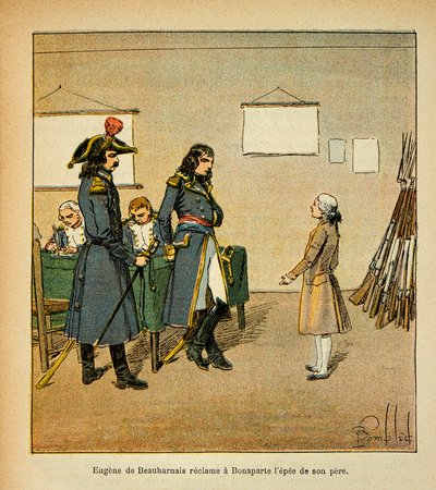 Illustration af den bombede Louis (1862-1927) fra bogen "The Memorial of Saint Helene" af grev Emmanuel de Las Cases (1766-1842): Eugene de Beauharnais (1781-1824) gør krav på sin fars sværd i Bonaparte, privat samling af Louis Charles Bombled