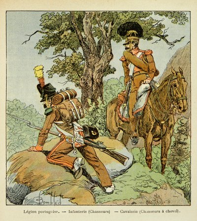 Illustration af den bombede Louis (1862-1927) fra bogen "The Memorial of Saint Helene" af grev Emmanuel de Las Cases (1766-1842): Portugisisk legion: Infanteri (jægere) og kavaleri (jægere til hest), Privat samling af Louis Charles Bombled