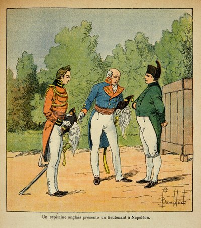 Illustration af den bombede Louis (1862-1927) fra bogen "The Memorial of Saint Helene" af grev Emmanuel de Las Cases (1766-1842): Til St. Helene, en engelsk kaptajn præsenterer for kejser Napoleon en løjtnant, privat samling af Louis Charles Bombled