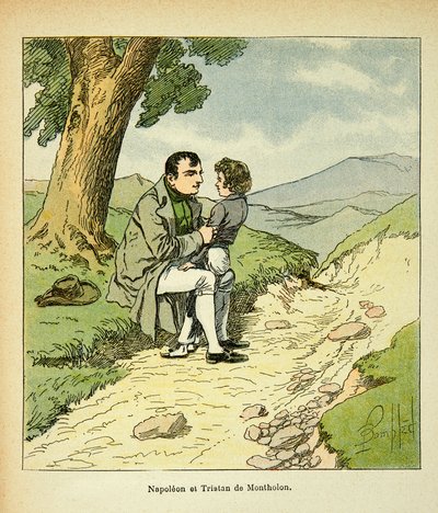 Illustration af den bombede Louis (1862-1927) fra bogen "The Memorial of Saint Helene" af grev Emmanuel de Las Cases (1766-1842): A St Helene, Emperor Napoleon and Tristan of Montholon, Private Collection af Louis Charles Bombled