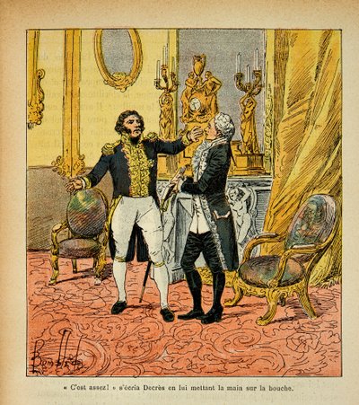 Illustration af den bombede Louis (1862-1927) fra bogen "The Memorial of Saint Helene" af grev Emmanuel de Las Cases (1766-1842): Talleyrand (1754-1838) mod Denis Decres (1761-1820) Privat samling af Louis Charles Bombled