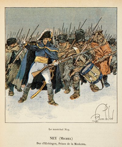 Illustration af den bombede Louis (1862-1927) fra bogen "The Memorial of St. Helene" af grev Emmanuel de Las Cases (1766-1842): Portræt af marechal Michel Ney (1769-1815), hertug af Elchingen, prins af Moskova , under Ruslands tilbagetog, Private Collec af Louis Charles Bombled