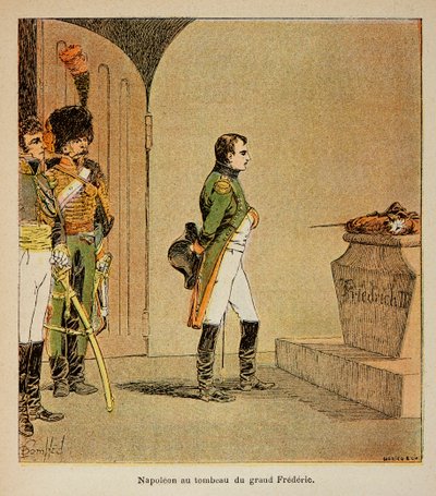 Illustration af den bombede Louis (1862-1927) fra bogen "The Memorial of St. Helene" af Grev Emmanuel de Las Cases (1766-1842): Napoleon mediterer på Frederik II af Preussens kiste i krypten i GarnisonKirche i Potsdam i 1806, Private Collecti af Louis Charles Bombled