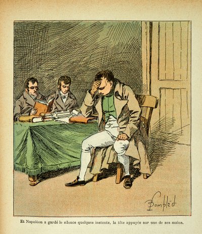 Illustration af den bombede Louis (1862-1927) fra bogen "The memorial se Sainte Helene" af grev Emmanuel de Las Cases (1766-1842): Kejser Napoleon mediterer i reaktionen på sine mindesmærker, Privat samling af Louis Charles Bombled