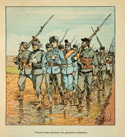 The Army of the Loire af Eugene Sergent, dit Grenest, illustreret af Louis Bombled (1862-1927) (fransk-tyske krig; kampagne 1870-1871): Freesinchers bringer tyske fanger tilbage i oktober 1870, privat samling af Louis Charles Bombled