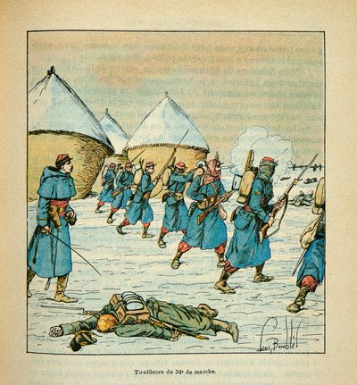 The Army of the Loire af Eugene Sergent, dit Grenest, illustreret af Louis Bombled (1862-1927) (fransk-tyske krig; kampagne 1870 -1871): Tirailleurs du 34, eme de marche aux combats de Poupry i december 1870, Delvis kollektion af Louis Charles Bombled