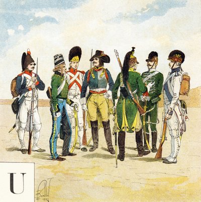 Bogstav U: Uniformer fra den franske hær, "Je serai soldat" (Jeg vil være soldat) - Militært alfabet af Louis Charles Bombled