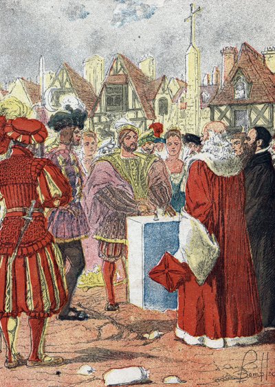 Posering af kongen af Frankrig Francois I af den første sten på Hotel de Ville de paris tegnet af den italienske arkitekt Boccador af Louis Charles Bombled