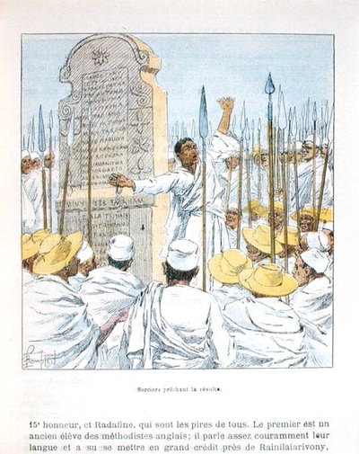 Troldmænd, der prædiker oprør mod Frankrig efter den franske besættelse af Madagaskar i 1895, illustration fra 