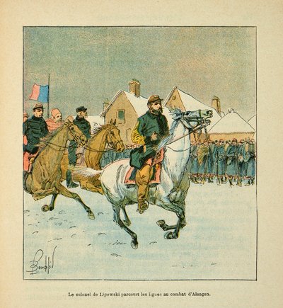 The Armee of the Loire af Eugene Sergeant, dit Grenest, illustreret af Louis Bombled (1862-1927) (den fransk-tyske krig; kampagne 1870-1871): Oberst Lipowski rejser Alencons kamplinjer i januar 1871, privat samling af Louis Charles Bombled
