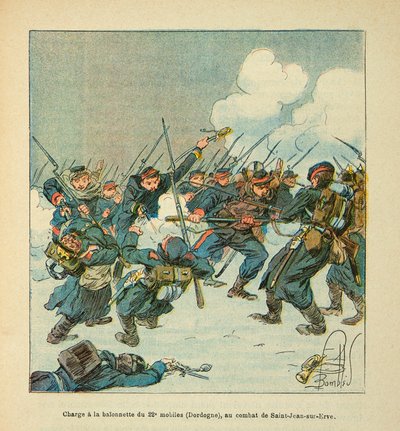 The Armee of the Loire af Eugene Sergeant, kendt som Grenest, illustreret af Louis Bombled (1862-1927) (den fransk-tyske krig; kampagne 1870 -1871): angreb til baionetten af den 22. mobil (Dordogne) i slaget ved Saint Jean sur Evre i januar 1871, P af Louis Charles Bombled