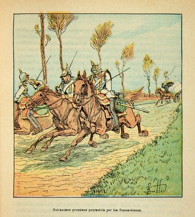 The Armee of the Loire af Eugene Sergent, kendt som Grenest, illustreret af Louis Bombled (1862-1927) (fransk-tyske krig; kampagne 1870 -1871): Preussiske kurassister forfulgt af freicisterne i oktober 1870, privat samling af Louis Charles Bombled