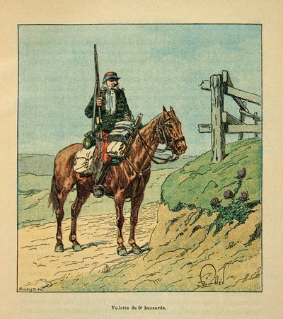 The Armee of the Loire af Eugene Sergent, kendt som Grenest, illustreret af Louis Bombled (1862-1927) (fransk-tyske krig; kampagne 1870 -1871): Star of the 6th Hussards, engageret under slaget ved Toury i oktober 1870 , Privat Samling af Louis Charles Bombled