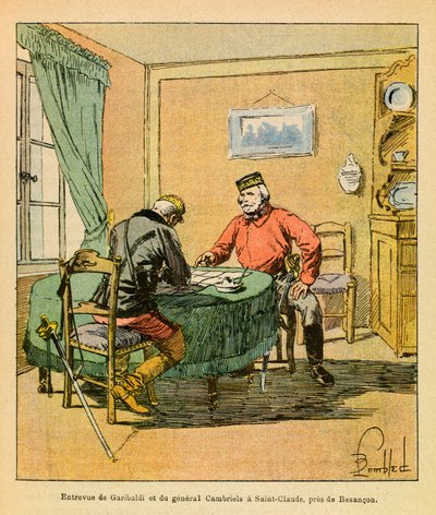 The Eastern Armee of Eugene Sergeant, dit Grenest, illustreret af Louis Bombled (1862-1927) (fransk-tyske krig; kampagne 1870-1871): Interview af Garibaldi og general Cambriels ved Saint Claude nær Besancon i oktober 1870, privat samling af Louis Charles Bombled