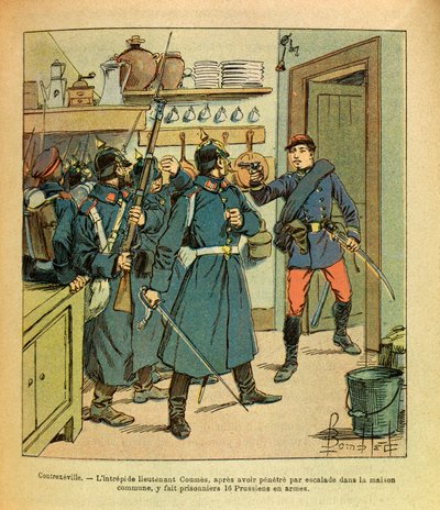 The Eastern Armee of Eugene Sergeant, dit Grenest, illustreret af Louis Bombled (1862-1927) (fransk-tyske krig; kampagne 1870-1871): I Contrexeville tog den uforfærdede løjtnant Coumes efter at være klatret ind i fælleshuset 16 preussere til fanger. i en af Louis Charles Bombled
